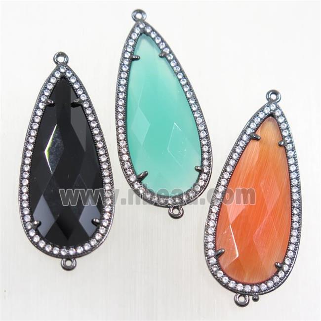 copper teardrop connector paved zircon with crystal glass, black plated, mix color