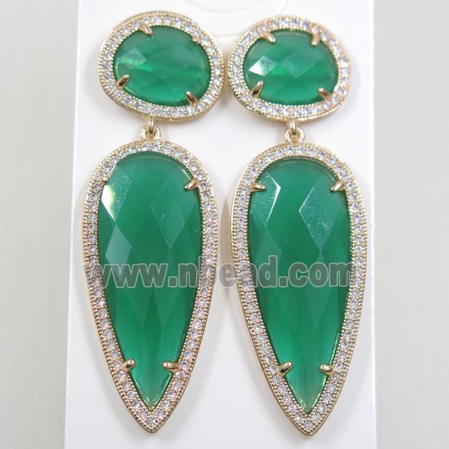 copper earring studs paved zircon with green crystal glass, gold plated