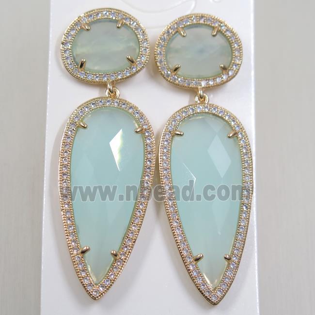 copper earring studs paved zircon with lt.green crystal glass, gold plated