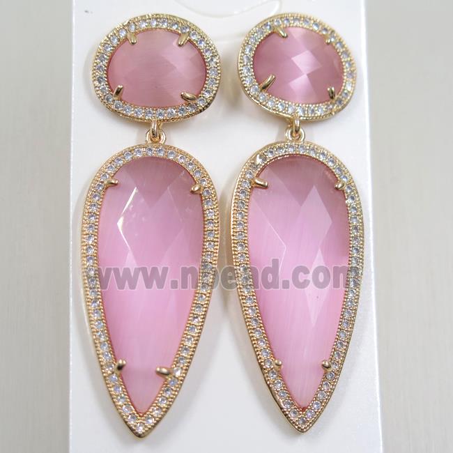 copper earring studs paved zircon with pink crystal glass, gold plated