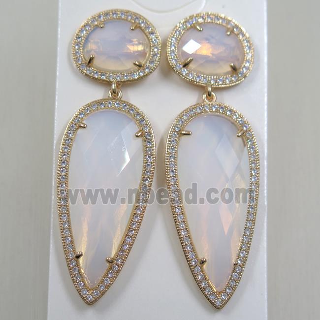 copper earring studs paved zircon with white crystal glass, gold plated