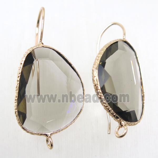 smoky crystal glass earring hook with loop, gold plated