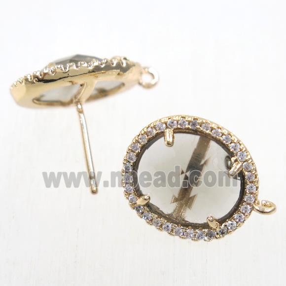 copper earring studs paved zircon with smoky crystal glass, gold plated