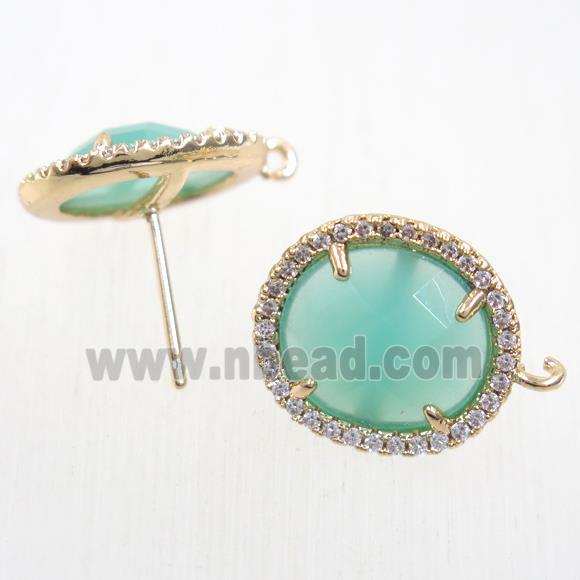 copper earring studs paved zircon with lt.green crystal glass, gold plated