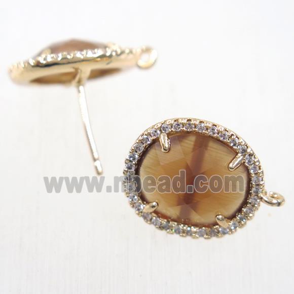 copper earring studs paved zircon with brown crystal glass, gold plated