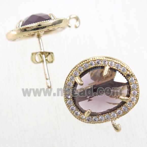 copper earring studs paved zircon with lt.purple crystal glass, gold plated