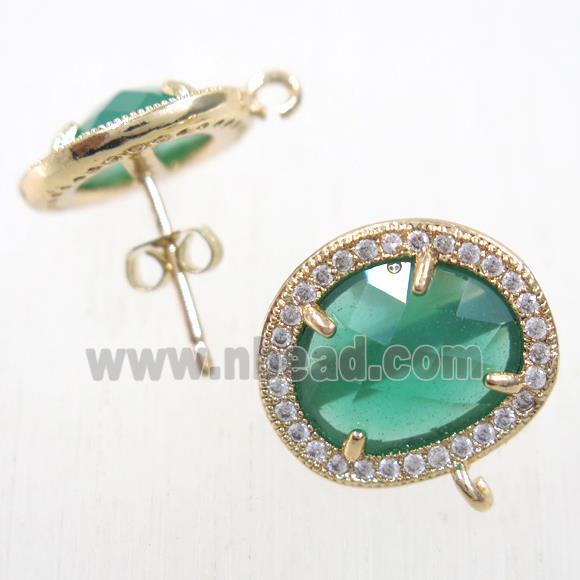 copper earring studs paved zircon with green crystal glass, gold plated