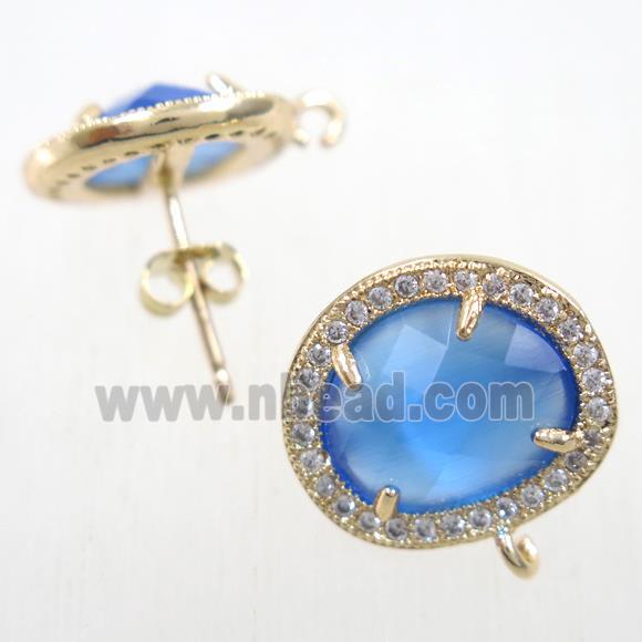 copper earring studs paved zircon with blue crystal glass, gold plated