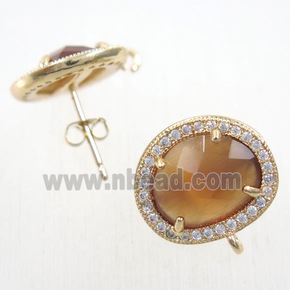 copper earring studs paved zircon with coffee crystal glass, gold plated