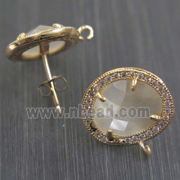 copper earring studs paved zircon with white crystal glass, gold plated