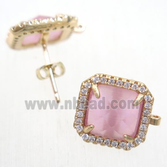 copper square earring studs paved zircon with pink crystal glass, gold plated