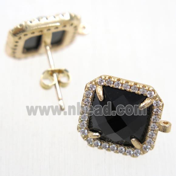 copper square earring studs paved zircon with black crystal glass, gold plated