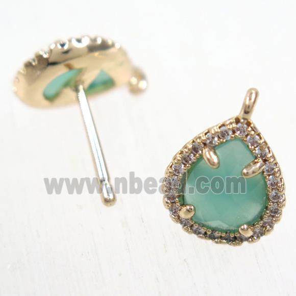 copper teardrop earring studs paved zircon with green crystal glass, gold plated