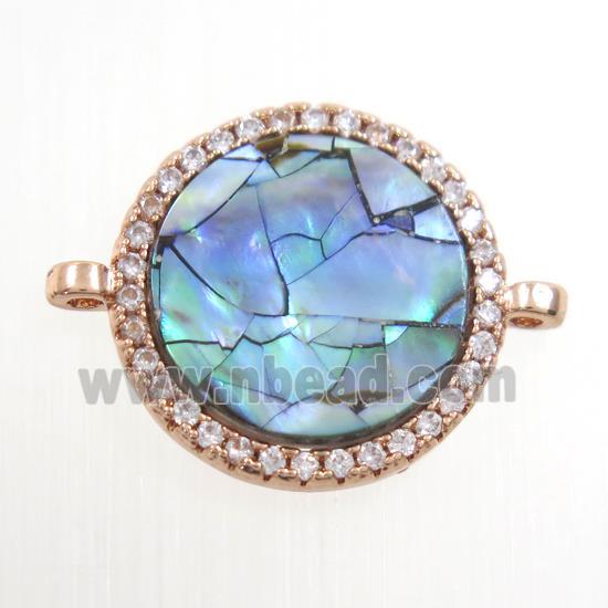 copper circle connector paved zircon with abalone shell, rose gold