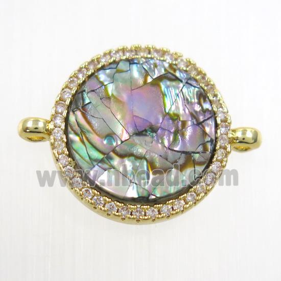 copper circle connector paved zircon with abalone shell, gold plated