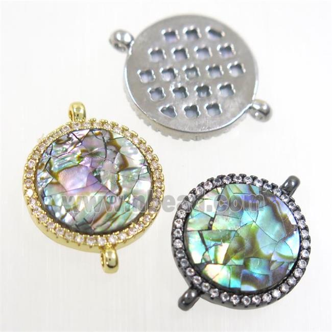 copper circle connector paved zircon with abalone shell, mixed