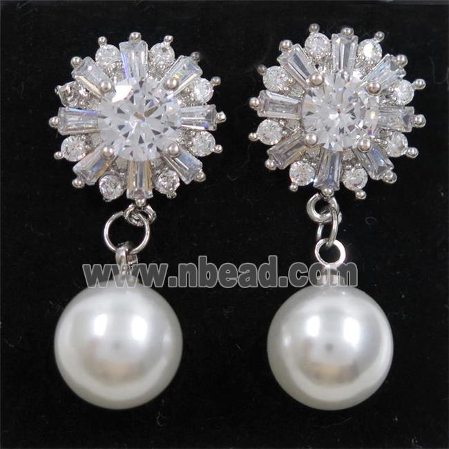 copper earring paved zircon with pearl shell, platinum plated