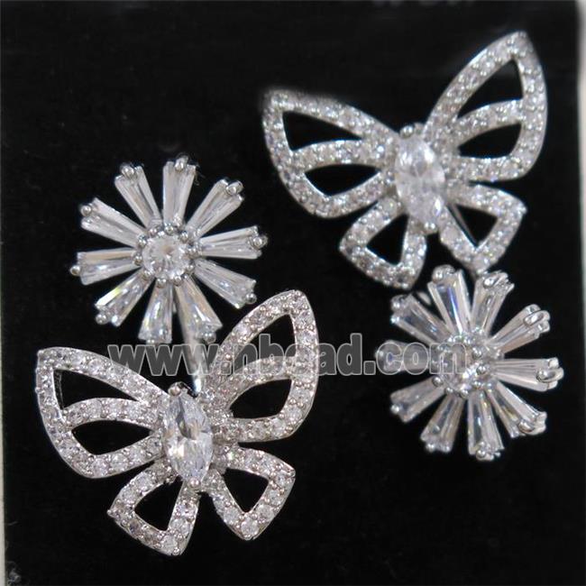 copper butterfly earring paved zircon, platinum plated