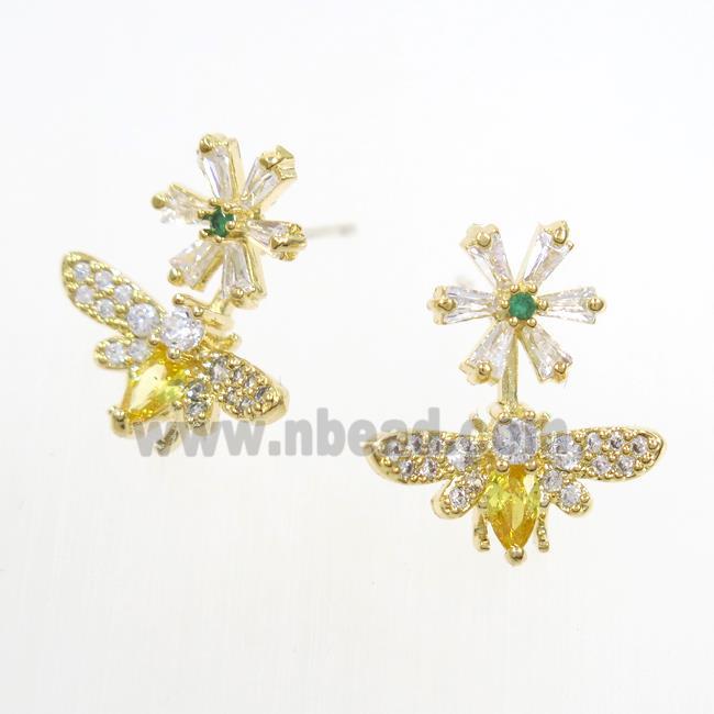 copper honeybee Earring studs paved zircon, gold plated