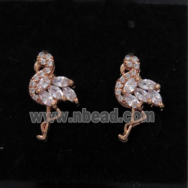 copper crane earring studs paved zircon, rose gold