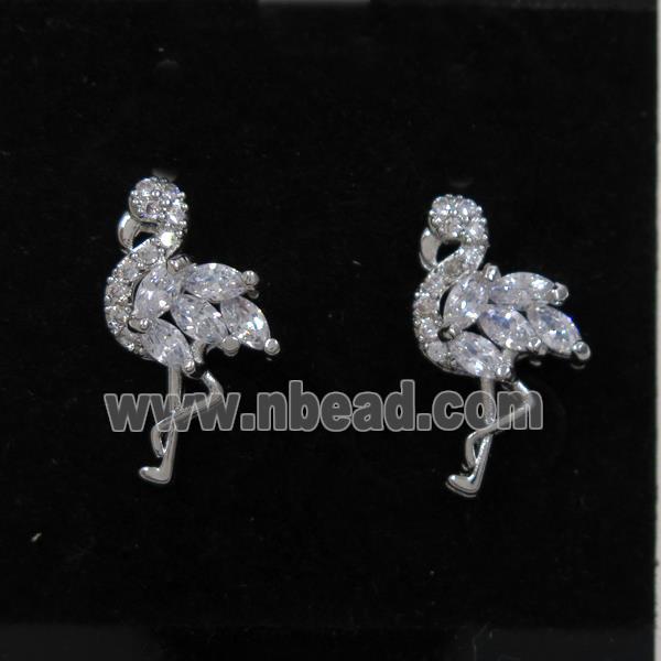 copper crane earring studs paved zircon, platinum plated