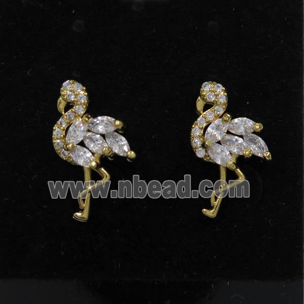 copper crane earring studs paved zircon, gold plated