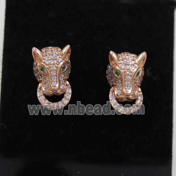 copper wolfhead earring stud paved zircon, rose gold