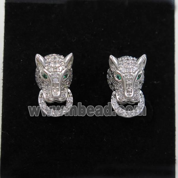 copper wolfhead earring stud paved zircon, platinum plated