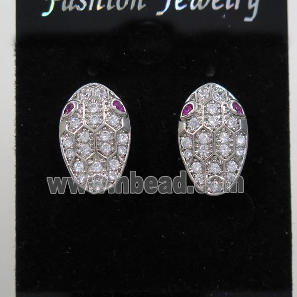 copper snakehead earring studs paved zircon, platinum plated