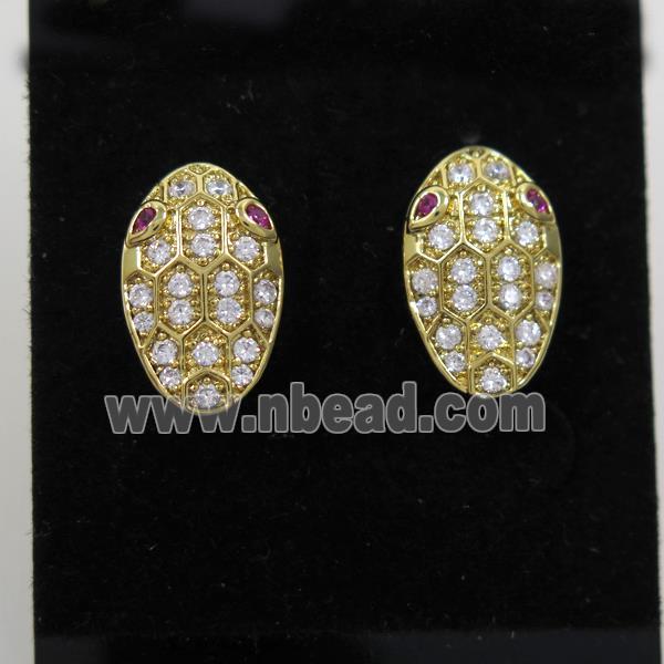 copper snakehead earring studs paved zircon, gold plated