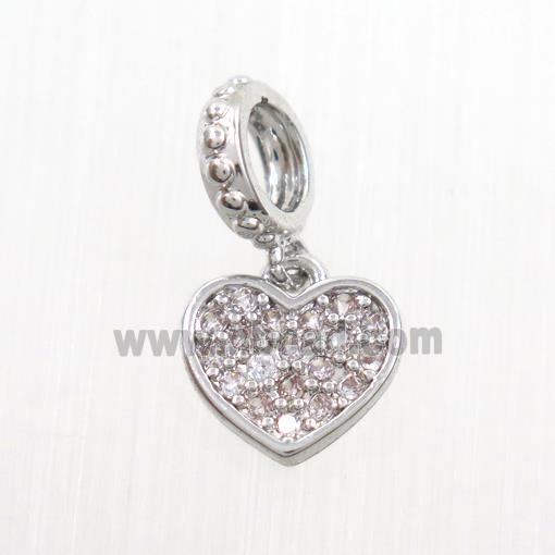 copper heart pendants paved zircon, platinum plated