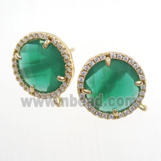 copper earring paved zircon with green glass crystal