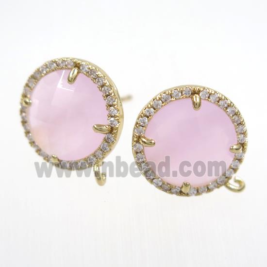 copper earring paved zircon with pink glass crystal