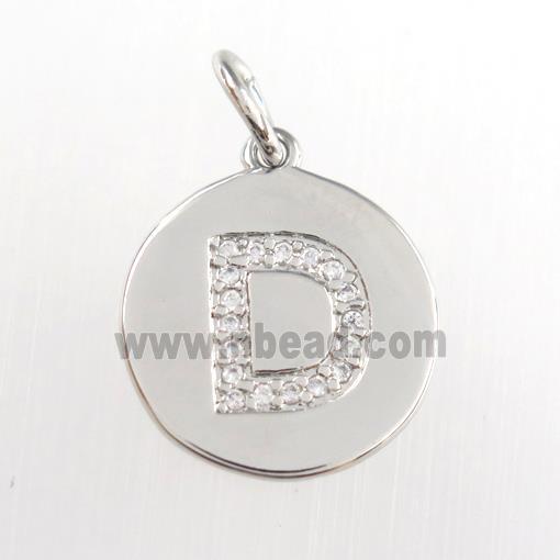 copper pendant paved zircon, letter D, platinum plated