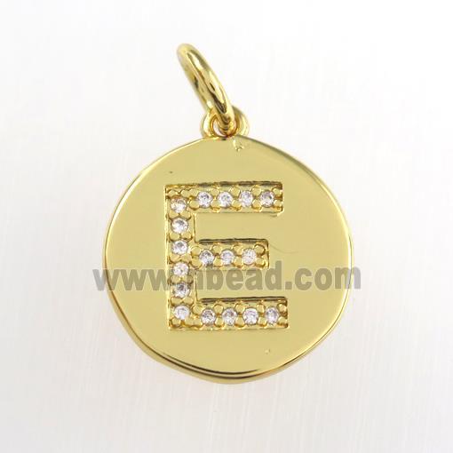 copper pendant paved zircon, letter E, gold plated