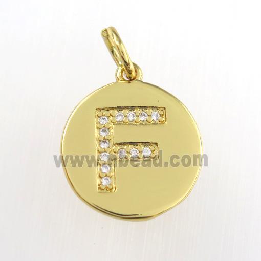 copper pendant paved zircon, letter F, gold plated