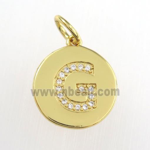 copper pendant paved zircon, letter G, gold plated