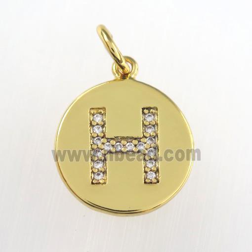 copper pendant paved zircon, letter H, gold plated