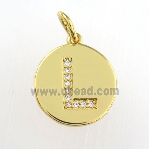 copper pendant paved zircon, letter L, gold plated