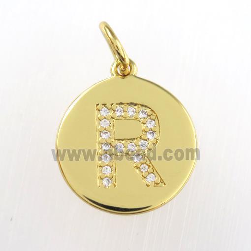 copper pendant paved zircon, letter R, gold plated