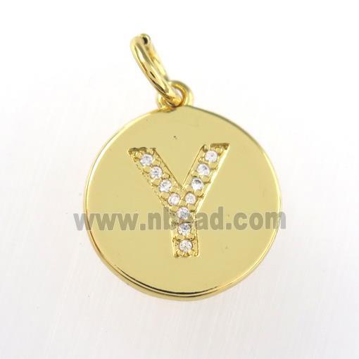 copper pendant paved zircon, letter Y, gold plated