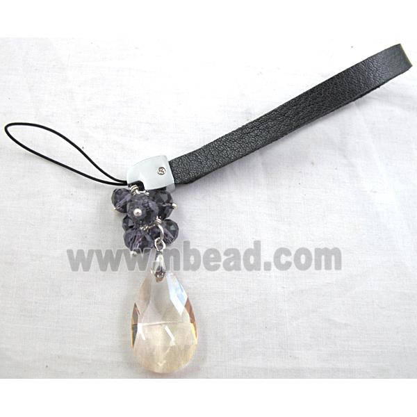 Mobile phone rope, PU leather, Crystal Faceted Drop