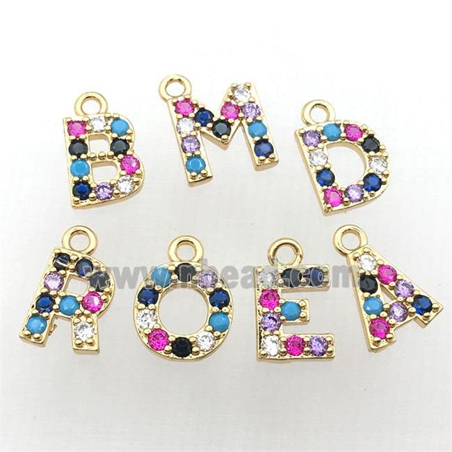 copper Letter charm Pendant pave zircon, gold plated, mix color