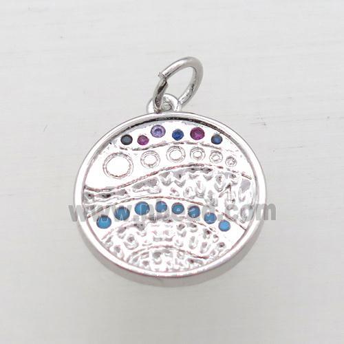 copper circle pendant pave zircon, platinum plated