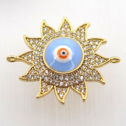 copper sun connector pave zircon with evil eye, gold plated