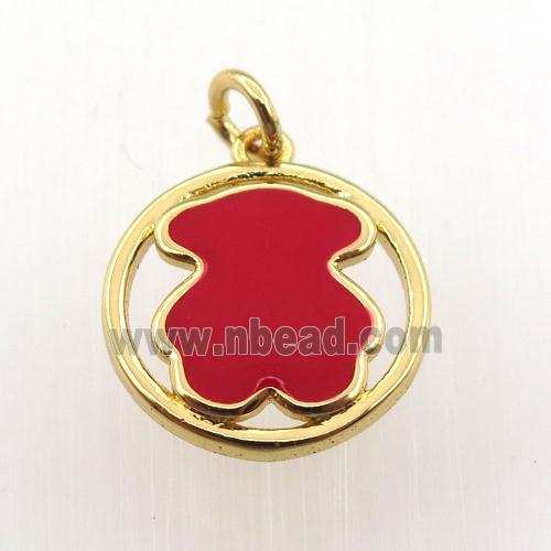 copper circle pendant red blue enameling bear, gold plated