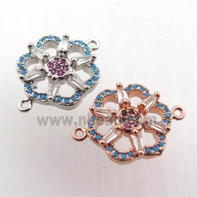 copper connector paved zircon, flower, mix color