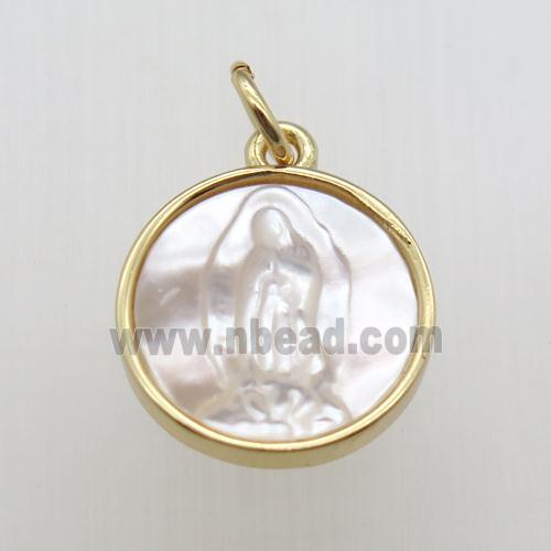 copper circle pendant with shell jesus, gold plated