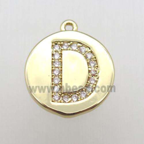 copper letter-D pendant pave zircon, gold plated