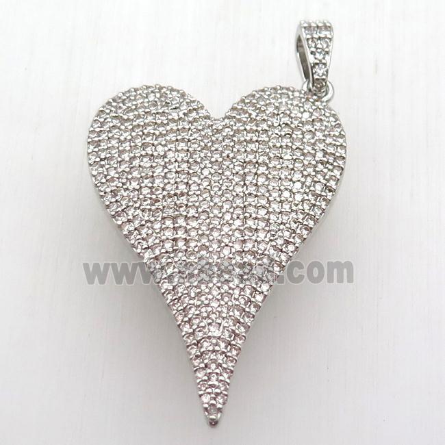 copper heart pendant paved zircon, platinum plated